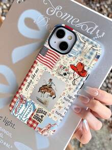 1pc Retro Patchwork Illustration, American Flag, Poker Pattern Glossy 2-In-1 Filmic Hard Phone Case, Compatible With Samsung/ 11/12/13/14/15/16/17 Pro Max - Multicolor - View 4