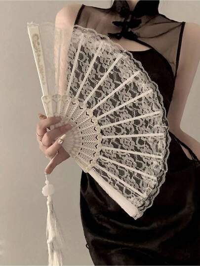 1/2 قطعة مروحة أنيقة وعتيقة بطراز صيني أسود وأبيض مع دانتيل، إكسسوار ل- Hanfu/Cheongsam، دعامة تصوير فوتوغرافي عتيقة بشرابات، مناسبة للحفلات والكرات، رائعة للاستخدام الصيفي (بدون شرابات في الأسفل)