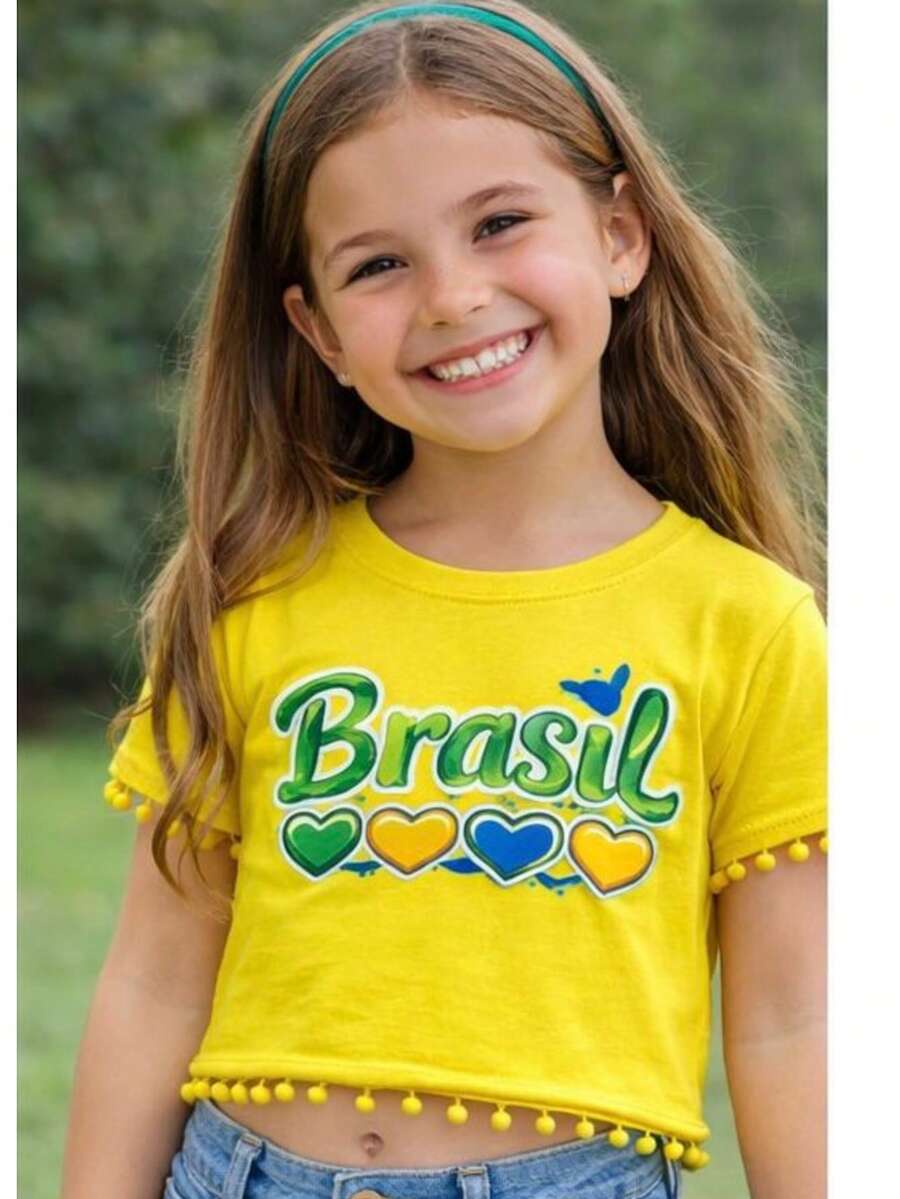 Cropped Oversized T-Shirt For Children 2 To 15 Years Old - BRAZIL / WORLD CUP! - Yellow Brazil With Hearts - View 1