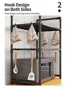 3-Tier Expandable Microwave Oven Rack, Metal Microwave Stand With Hooks, Bread Shelf, Adjustable Kitchen Storage Rack, Black 3-Tier - Multicolor - View 7