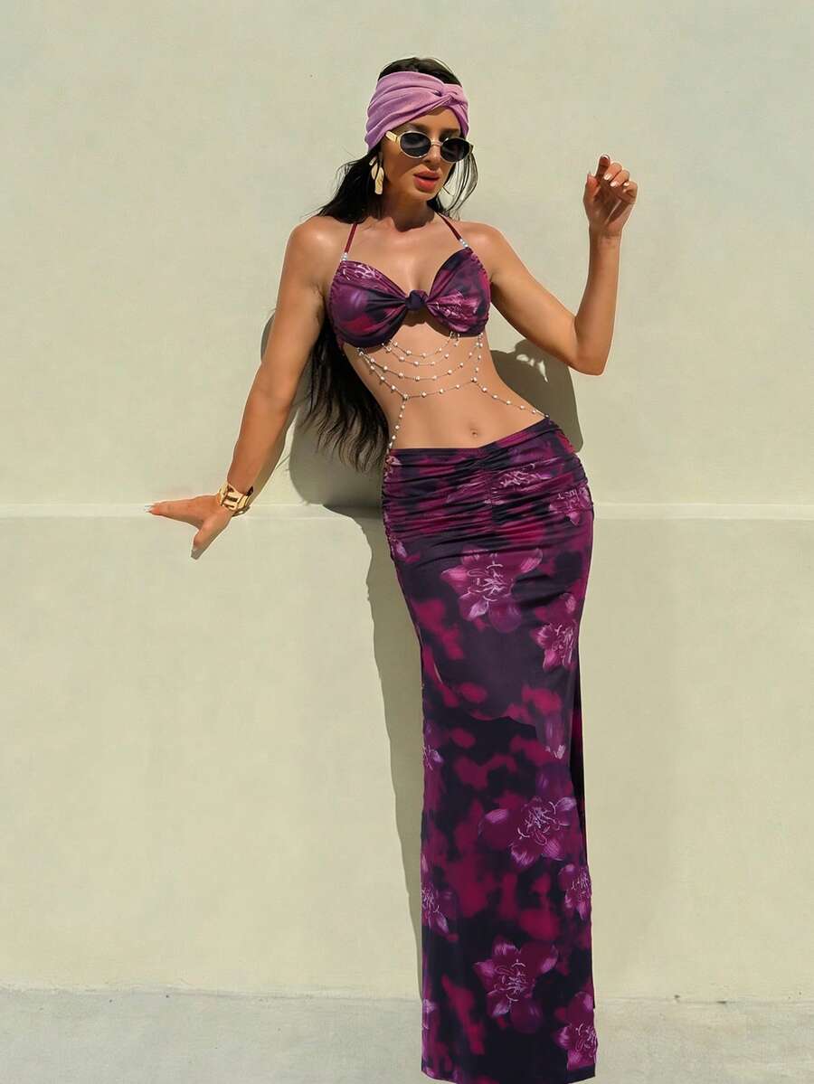 Đầm hai dây gợi cảm dành cho nữ, có dây đeo vai, thiết kế hở lưng, thích hợp cho bikini đi biển và dự tiệc, phong cách Hawaii mùa hè thanh lịch - Màu tím - Xem 1