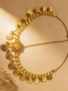 波西米亚风花朵水晶吊坠硬币链多层头饰，适合婚礼、派对、节日佩戴，也是送给朋友和女朋友的礼物。 - 金色 - 查看 10