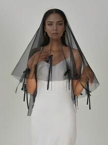 1pc Black Bridal Veil With Bow, Romantic Hairless Bridal Veil, Wedding Accessory - Multicolor - View 2