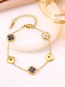 1pc Stainless Steel Lucky Four-Leaf Clover Bracelet, Lightweight Niche Design, Non-Fading Jewelry, Lucky Bracelet For Women - Lucky Flower Bracelet - View 3