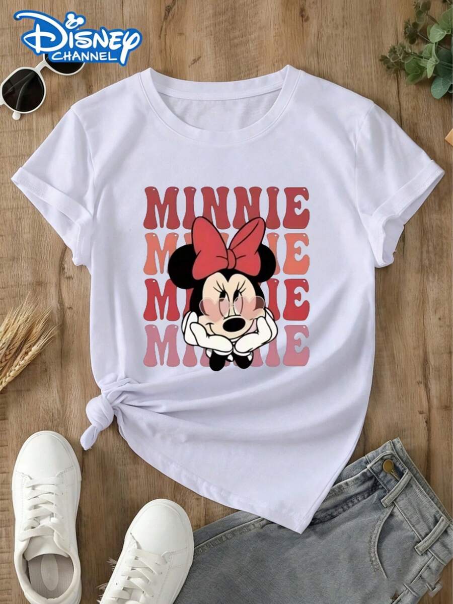 This Disney Women's T-Shirt Features Minnie Mouse With Her Hands Supporting Her Chin On The Front, Paired With A Gradient Pink And Red "MINNIE" Lettering Background, Giving It A Sweet And Girly Feel. Suitable For Everyday Commuting Or Taking Photos At Disneyland. Made From Soft, Comfortable, And Durable Fabric, This Spring/Summer Women's Crew Neck T-Shirt Is Perfect For Everyday Wear-Shopping, Parties, Travel, Or Gatherings. It Also Makes A Lovely Gift. - White - View 1