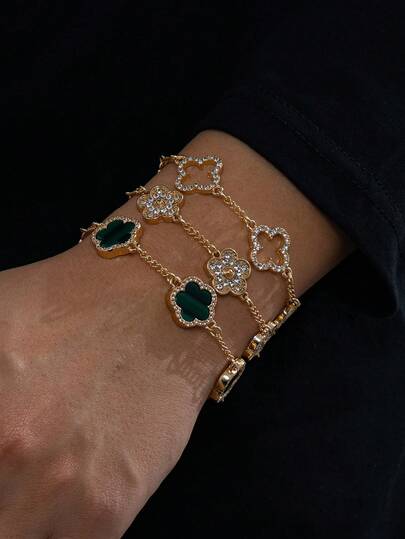 3pcs Set Of Classic Luxury Rhinestone Hollow Clover & Five-Leaf Grass Bracelets, Elegant Gift For Boyfriend
