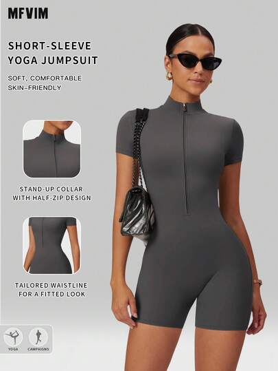  MFVIM Women's Fitted Jumpsuit, Spring/Summer, Half-Zip Collar Design, Slim Fit, Tummy Control, Breathable & Comfortable Stretchy Soft Fabric, Suitable For Casual, Commuting, Outdoor, Running, Cycling, Yoga, Pilates, Gym Workout