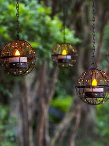 1/2pcs Solar Hanging Lantern Lights, Solar Powered, Outdoor Waterproof Iron Rust Bird Cage Candle Holder With Flickering Solar Tea Lights, Rechargeable Lantern Lights For Backyard, Patio, Garden, Fence, Tree Decor - Beaded Spheres - View 10