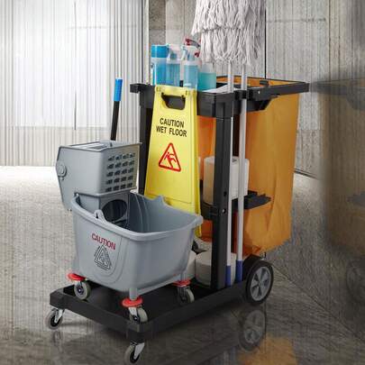 Cleaning Cart, 3-Shelf Commercial Janitorial Cart, 200 Lbs Capacity Plastic Housekeeping Cart, With 25 Gallon PVC Bag, 47 X 20 X 38.6in, Yellow & Black