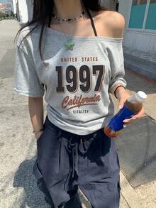 Áo thun dáng rộng màu xám, vạt lệch, kiểu dáng retro Y2K California 1997 với chữ in nổi, phong cách đường phố cổ điển, thích hợp mặc mùa hè. - Màu xám đậm - Xem 1