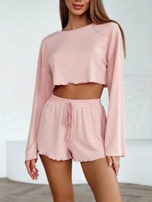 2pcs Women's Solid Color Homewear Set, Ribbed Cropped Long Sleeve Top And Shorts, Suitable For Outdoor Wear - Pink - View 2