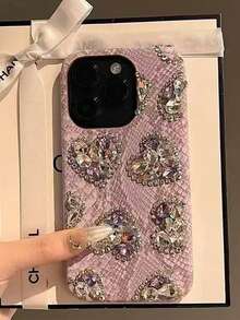 1 chiếc ốp lưng điện thoại da rắn màu tím cao cấp, thủ công, đính đá 3D hình trái tim, chất liệu TPU chống ố vàng, chống rơi vỡ, bảo vệ toàn diện cho iPhone 11/12/13/14/15/16/17/PROMAX - Màu tím - Xem 1