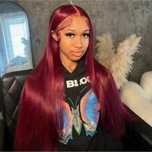 13x4 99J 酒红色真人发混纺假发 28 英寸红酒色直发混纺蕾丝前假发 女士混纺真人发假发 200% 密度 - SBUG - 查看 4