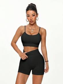 TCVC Women's Seamless 3-Piece Sportswear Set: Solid Color High Elasticity Sheer Resistant Short Sleeve Top + Sports Bra + Shorts. Supportive, Compressive, Removable Padded, Sexy Spaghetti Straps, Racerback Design. Cropped Tight Fit Tee, High-Waisted Slimming Shorts. Suitable For Running, Yoga, Gym, Outdoor Activities, Leisure - Black - View 3