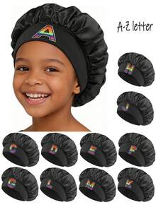 1PC Children's Smooth Satin Bonnet With Letter, Fashionable And Comfortable Sleep Cap, Breathable And Non-Slip, Daily Hair Care Hat - Black - View 1