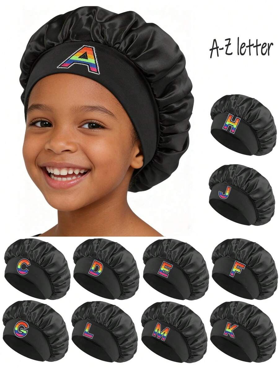 1PC Children's Smooth Satin Bonnet With Letter, Fashionable And Comfortable Sleep Cap, Breathable And Non-Slip, Daily Hair Care Hat - Black - View 1