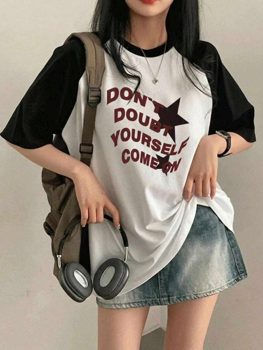 Y2K Letter & Star Pattern Raglan Sleeve Loose T-Shirt, Women's Retro Streetwear Contrast Color Oversized Casual Tee White Summer - White - View 1