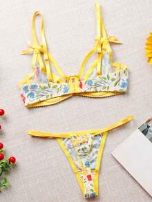 2pcs Women's Sexy Embroidered Mesh Sheer Camisole Bra Set, Suitable For Party And Carnival Wear - Yellow - View 5