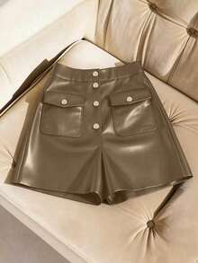 Women's Fashion Street Casual Workplace Commute PU Leather Single-Breasted Lapel Pocket Loose Shorts Burgundy Shorts Women Leather Shorts High Waist Shorts Elegant Shorts Shorts Leather Shorts For Women High Waist Shorts Woman Women Shorts Short Outfits For Women - 卡其色 - 查看 7