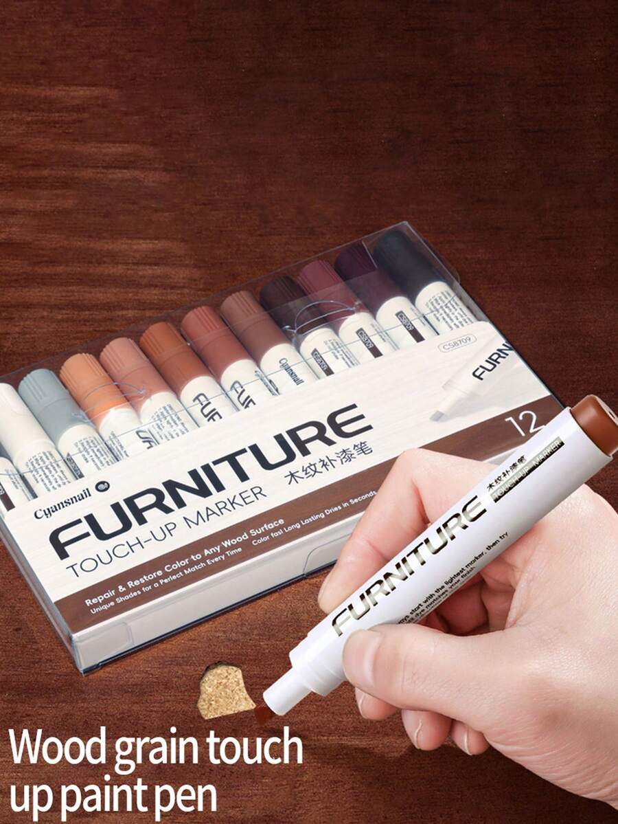 12pcs Wood Grain Marker Pens, Wooden Composite Floor Scratch Repair Pens, Waterproof Non-Fading Caulk Pens, Scratch Repair Marker, Caulk Pens