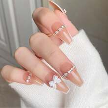 24pcs Medium Square French Tip Nail Stickers, White Color With Rhinestone Bow Decor, Luxury Full Coverage, Suitable For Women & Girls Nails, Charm Dates, Office, Home Parties Nail Supplies - 彩色 - 查看 10