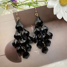 一对波西米亚流苏度假风手工优雅复古玻璃珠耳环，简约百搭创意夸张耳环，适合日常佩戴和度假，女士 - 黑色 - 查看 4