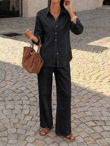 PoPoHouse 女士两件套 - 纯色棉质休闲优雅长袖衬衫搭配宽松阔腿裤，适合日常通勤、休闲旅行、情人节、春夏休闲穿着，黑色 - 黑色 - 查看 11