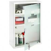 Timgle - Armario de primeros auxilios de pared con cerradura para colgar en la pared con puerta de vidrio de  para el baño 3 estantes color blanco - Blanco - Ver 8