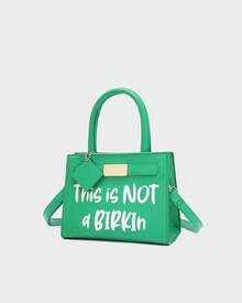 Tote&Carry Women's Y2K Baddie Sassy Letter Print Mini Tote Bag, Vibrant Green PU Leather Crossbody Top Handle Purse, This Is Not A Birkin Ironic Luxury Parody Statement Handbag For Spring Festival Concert Party - 綠色 - 查看 2