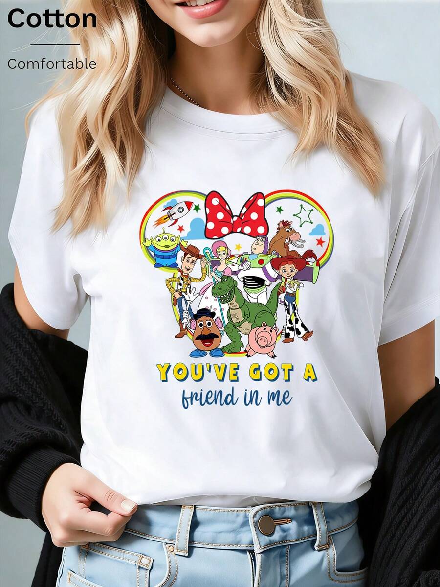 Disney Loose Fit Toy Story "YOU'VE GOT A FRIEND IN ME" Mickey Head Printed T-Shirt, Suitable For Summer And Spring, Short Sleeved Tops, Women's Clothing, Holiday Gift Party Clothing. - 白色 - 查看 1