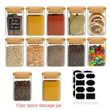 12pcs Square Glass Spice Jar, High Borosilicate Heat-Resistant Glass Seasoning Container, Salt, Pepper, Sugar, Spice Storage Bottle For Dining, Cooking, Kitchen Use - Transparent With Sealed Bamboo Lid, Suitable For Kitchen Finishing Seasoning Container Set, Cabinet Seasoning Sorting Rack Can Be Stacked, Suitable For Kitchen Finishing, Storage Moisture-Proof Powder Sprinkler, Gifts - 12-piece Set - View 10