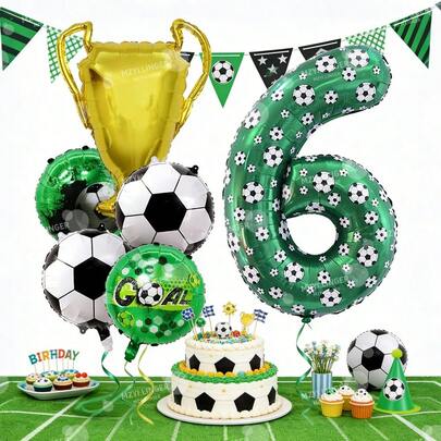 7pcs Football Theme Party Decoration Set, Includes 0-9 Number 40-Inch Green Football Foil Balloons And Gold Trophy, Suitable For Birthday, Anniversary Celebration, Sports Theme Party Decoration