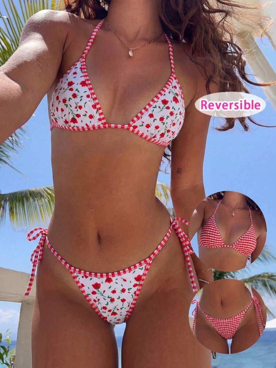 Conjunto de bikini reversible con estampado de cuadros y bloques de color floral lindo, estilo de vacaciones de playa de moda para niñas - Rojo y blanco - Ver 1