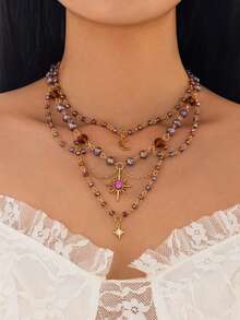 1件装时尚仿水晶月亮吊坠项链，简约不对称流苏项链，可爱多层月亮流苏项链（女士款） - 星月多層項鍊 - 查看 1