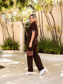 Women's Elegant Casual Sweatshirt And Wide-Leg Pants Set With Pockets - 鏽棕色 - 查看 1