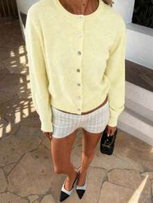 Spring Autumn Winter New Light Yellow Round Neck Single Breasted Knit Women's Top, Casual Y2K Style Cardigan, Suitable For Daily Commute Wear - Light Yellow - View 4