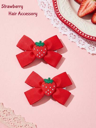 2 Pcs Girls' Red Strawberry Bow Hair Clips, Hair Accessories, Alligator Clip Hair Clips, Sweet Princess Hair Ornaments, Gift For Girls, Suitable For Parties, School, Spring & Summer Daily Wear.