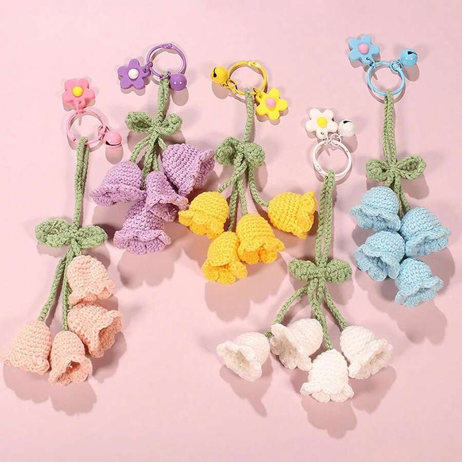 1pc Handmade Crochet Bell Orchid Flower String Keychain Bag Decorative Clasp, Fashion Girl's Backpack Pendant Lovely Flower Backpack/Schoolbag/Purse Pendant, School Supplies Teacher Gifts Back To School Supplies Teacher Accessories Back To School Supplies Gifts For Teachers Crocheted Flower Trinket Gift For Women In Summer - 彩色 - 查看 1