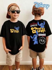 Disney Black Background Stitch Front And Back Print Kids' Short Sleeve T-Shirt And Playful Casual Top - 黑色 - 查看 1