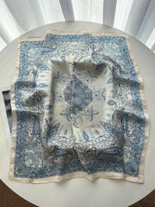 1条女士方形缎面印花头巾，时尚头带围巾披肩颈巾 - 淺藍色 - 查看 3