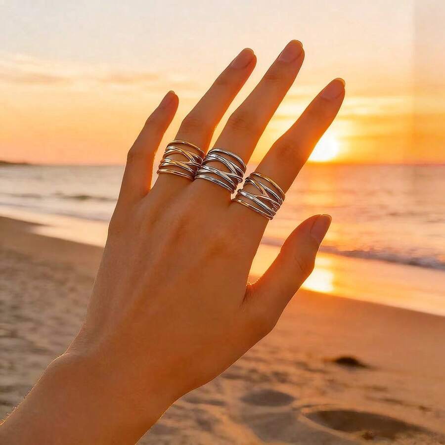 1 pieza Anillo de mujer de uso diario de acero inoxidable de moda con varios niveles, estilo minimalista exagerado, de tres colores, de titanio, de acero de 18K, impermeable, resistente a la decoloración y de alta calidad