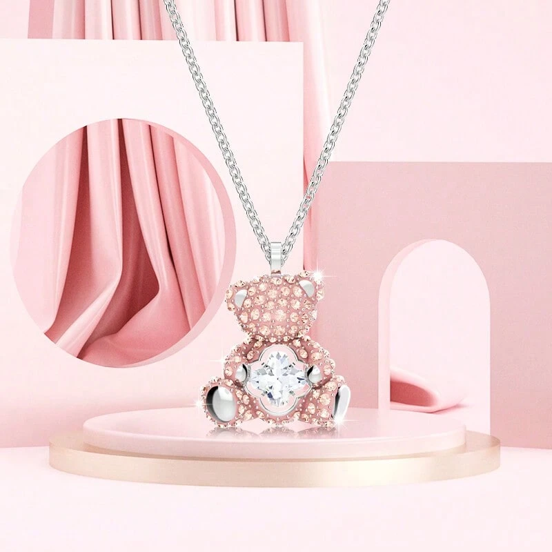 SWAROVSKI TEDDY 可愛浪漫泰迪粉小熊項鍊鎖骨鏈項鍊女女友禮物聖誕節禮物情人節禮物七夕禮物生日禮物女友禮物 - 淺粉色 - 查看 1