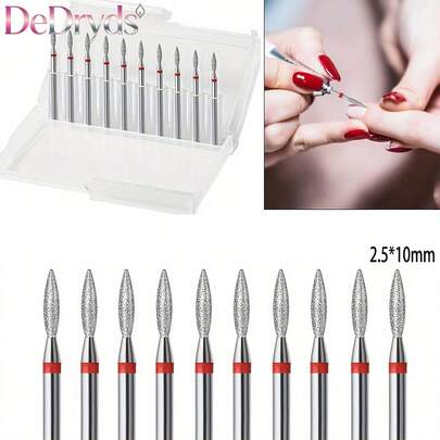 10pcs Diamond Flame Nail Drill Bits Set For Electric Nail File Professional Manicure Pedicure Acrylic Gel Nail Art Removal Sanding Bands Burrs Tips For Home Salon Use