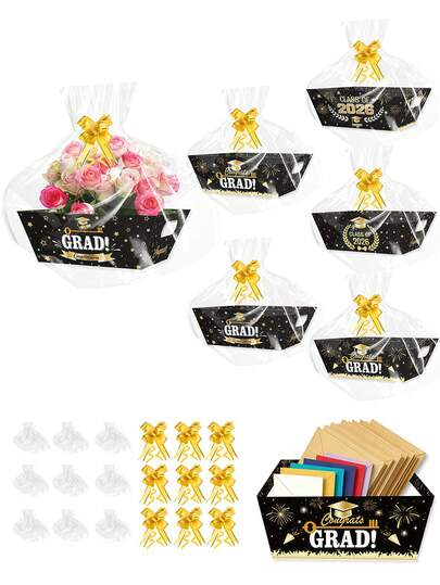 2026 Graduation Party Snack Tray In Black And Gold, Paper Food Tray For 2026 Graduates, Includes Blank Paper Gift Basket, Clear Plastic Bags, Ribbon Bow, Suitable For Graduation Decoration, Celebration, Party Supplies