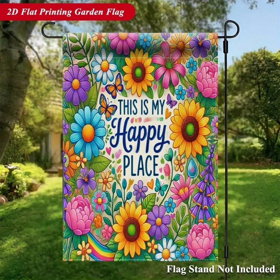 2D Flat, 2D Flat Printing Garden Flag 1pc, Happy Place Is Here Vibrant Linen Garden Flag, Double-Sided Print, Holiday Yard Banner, Small Yard Gift, Yard Decor, Garden Decor, 11.8x17.7Inch, No Flagpole Included - 1pc - 查看 1