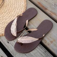 Nuevas sandalias planas de mujer con diseño de chanclas con hoja y diamante de imitación, de moda, elegantes, cómodas y versátiles, adecuadas para caminar y usar en casa - Marrón 2 - Ver 9