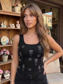 Camisetas sin mangas con cuello cuadrado para mujer, con decoración floral y diamantes de imitación, camisetas de verano ajustadas - Negro - Ver 1