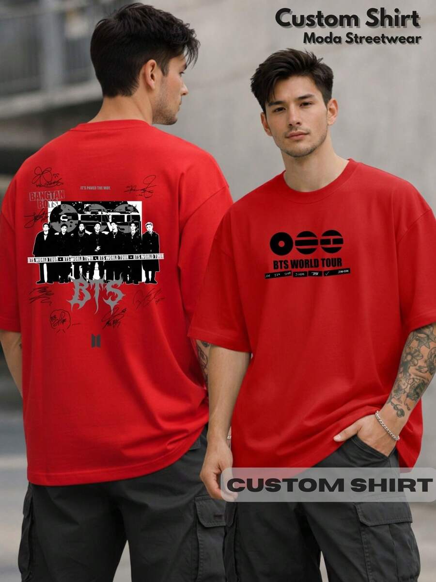 Unisex K-Pop World Tour  T-Shirt, Korean Idol Style, Fan Music Tour, Streetwear Print, 100% Cotton - 紅色 - 查看 1