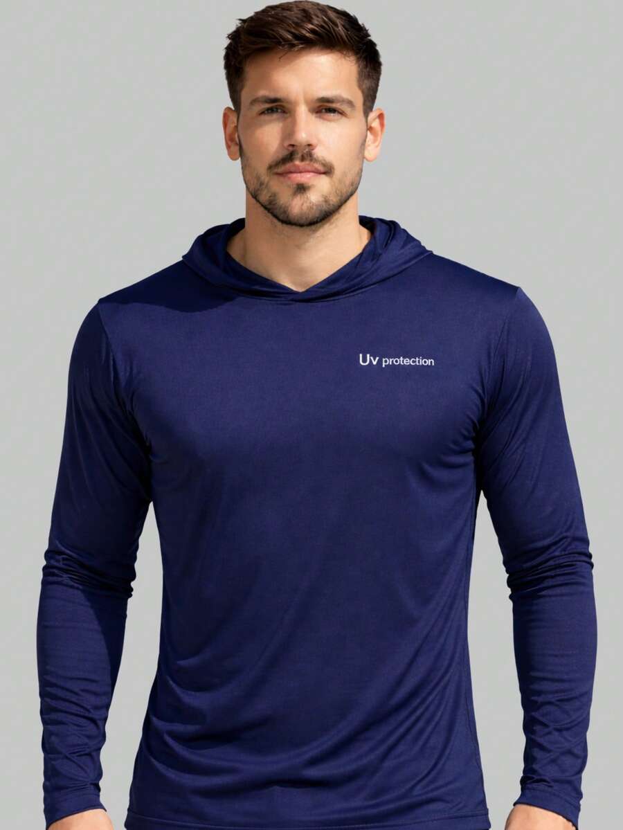Men's UV Sun Protection Shirt With Hood, Long Sleeves - Navy Blue - View 1