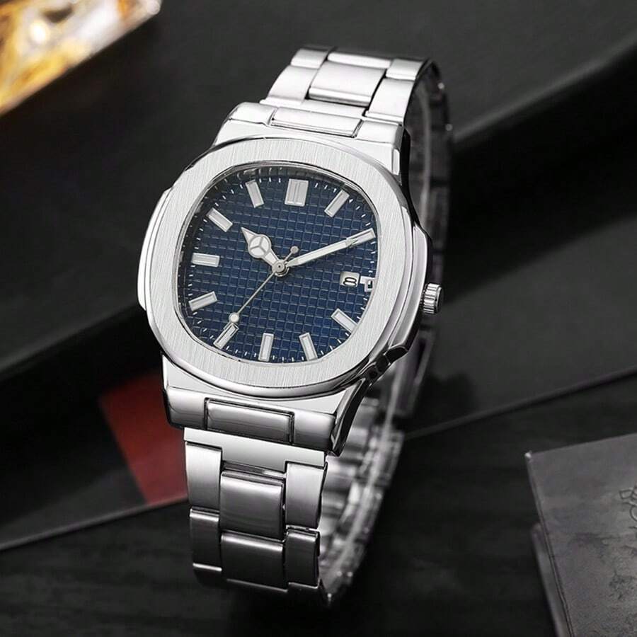 1 pieza Reloj de pulsera de cuarzo con correa de acero para hombre, regalo de vacaciones, regalo, correa no ajustable - Azul - Ver 1